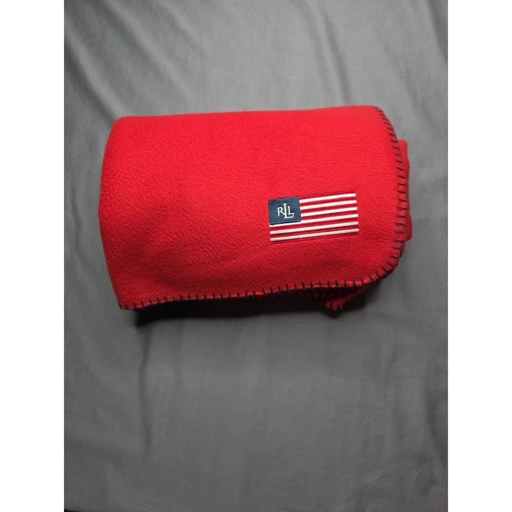 Ralph Lauren Red Fleece Throw Blanket Embroidered Flag and Edging 50